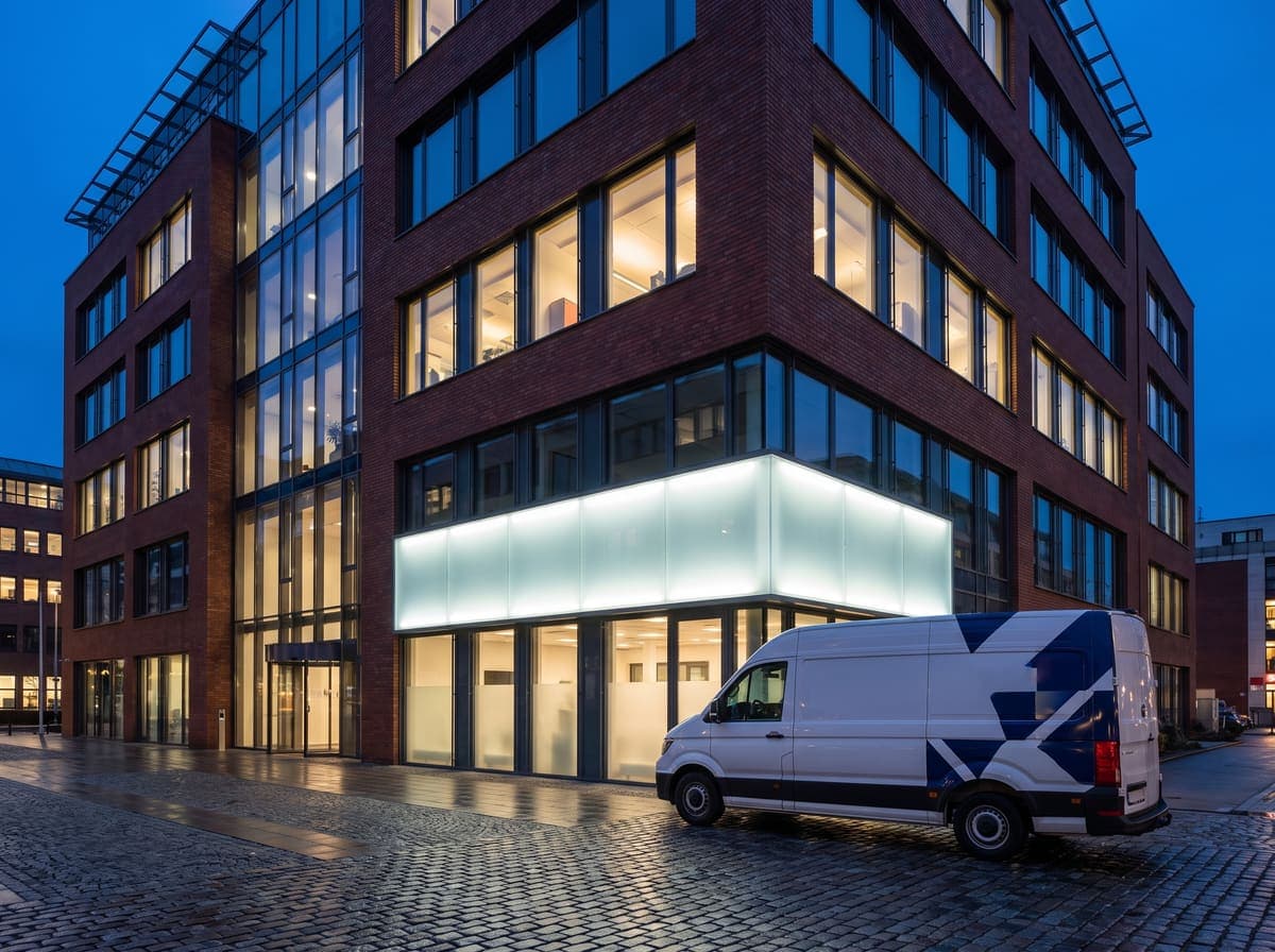 Bedrijfspand met gevelreclame en bedrijfsbus
